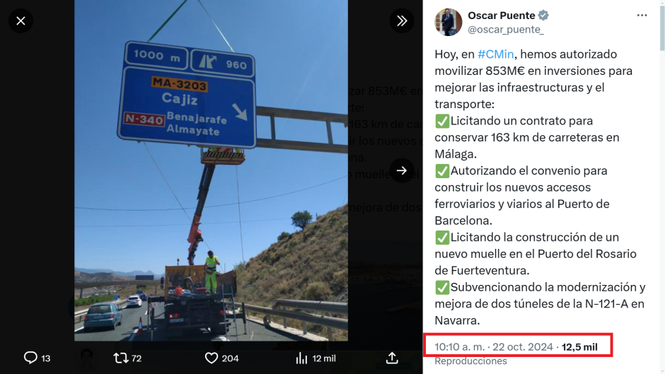 Óscar Puente ya utilizó esa misma foto el pasado 22 de octubre