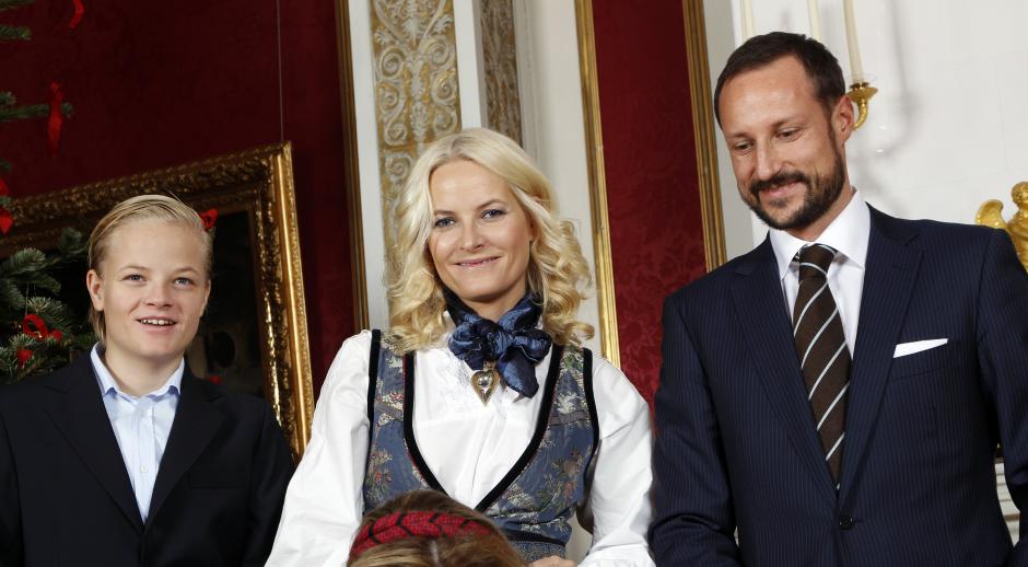 L-R Marius Borg Hoiby, Crown Princess Mette-Marit and Crown Prince Haakon pictured at the Christmas family photo session with the Norwegian Royal Family at the Royal Castle in Oslo, Monday December 19, 2011.