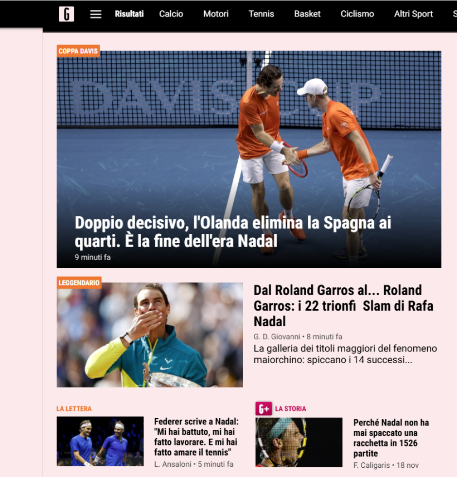 La Gazzetta dello Sport titula con "el fin de la era Nadal" y destaca el buen papel de Países Bajos durante los cuartos de final de la Copa Davis