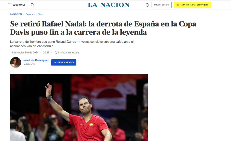 La Nación, de Argentina, despide a Nadal calificándolo como "leyenda"