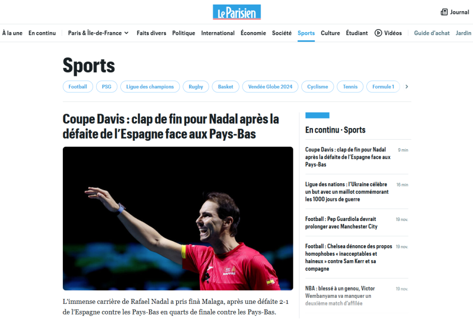 "Fin de los aplausos para Nadal". Le Figaro despide a Nadal con una foto donde se le ve feliz por todo lo conseguido