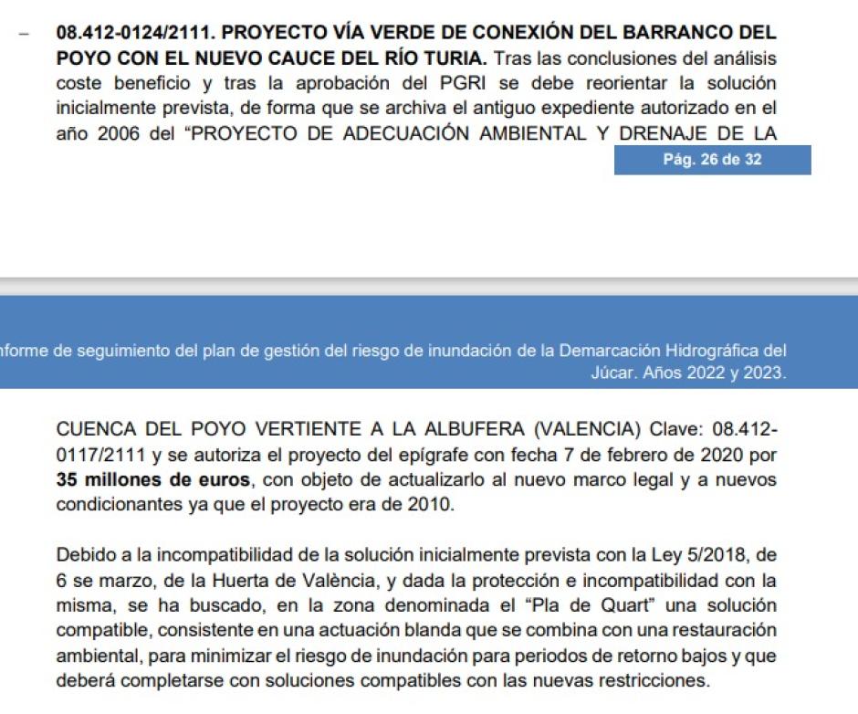 Documento del Ministerio sobre la incompatibilidad de las obras en el Poyo con la Ley de Huerta de Valencia