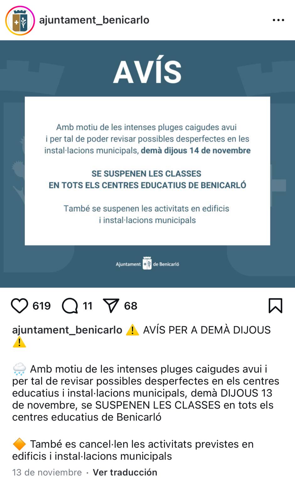 Captura de una publicación relacionada con la DANA en la cuenta oficial del Ayuntamiento de Benicarló, Castellón