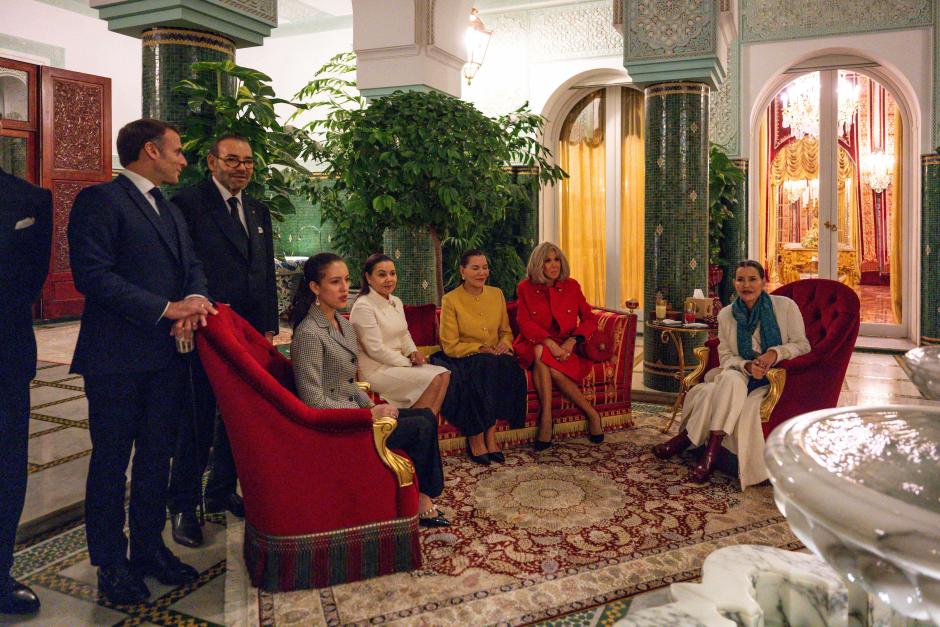 Emmanuel Macron, King Mohammed VI, Lalla Khadija, Lalla Asma, Laila Hasna, Brigitte Macron, Laila Meryem attending signing ceremony in Rabat, Morocco, on October 28, 2024, on the first day of the French president‚Äôs State Visit to the Kingdom.