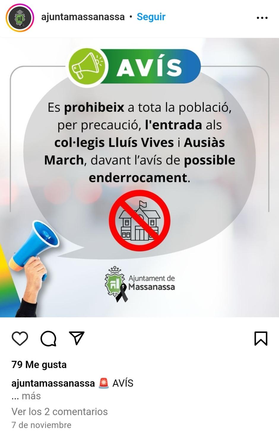 Aviso del Ayuntamiento de Masanasa en Instagram advirtiendo del peligro de derrumbe del colegio Lluís Vives