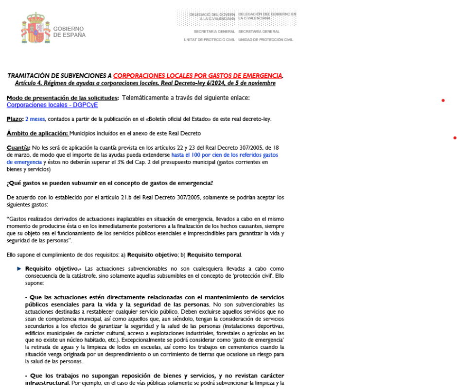 Extracto del documento del Gobierno sobre subvenciones tras casos de emergencias