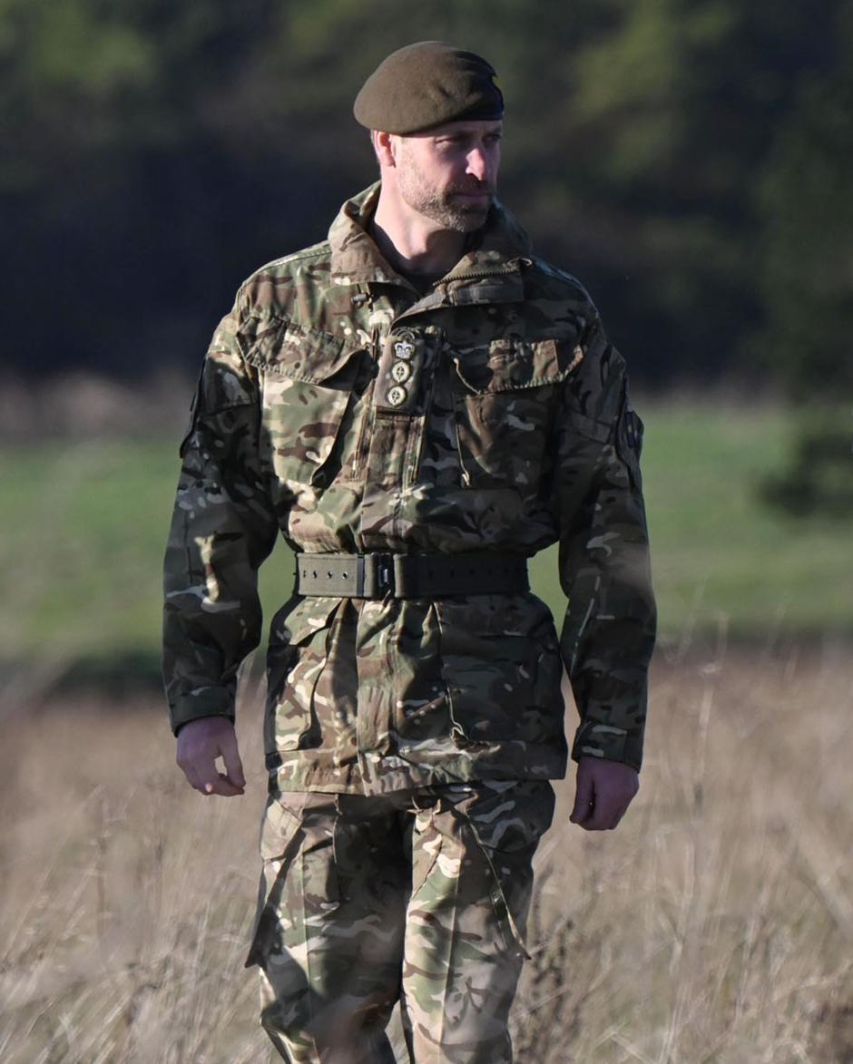 Prince William of Wales during a visit to the 1st Battalion Welsh Guards at Salisbury Plain, Wiltshire, to hear how they have been transitioning from ceremonial duty back to the Field Army. Picture date: Tuesday November 26, 2024. *** Local Caption *** .