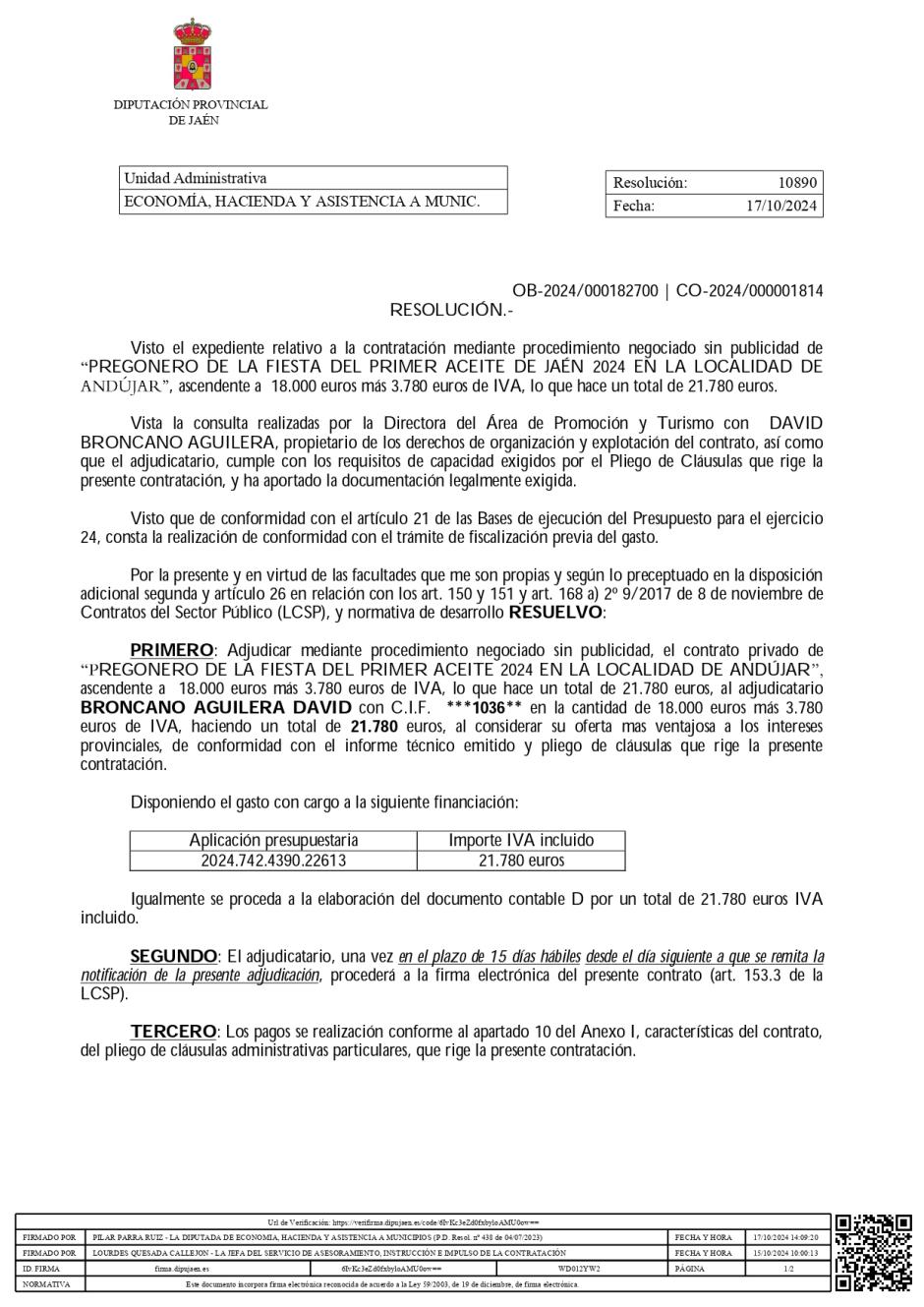 Imagen del contrato de adjudicación de la Diputación Provincial de Jaén