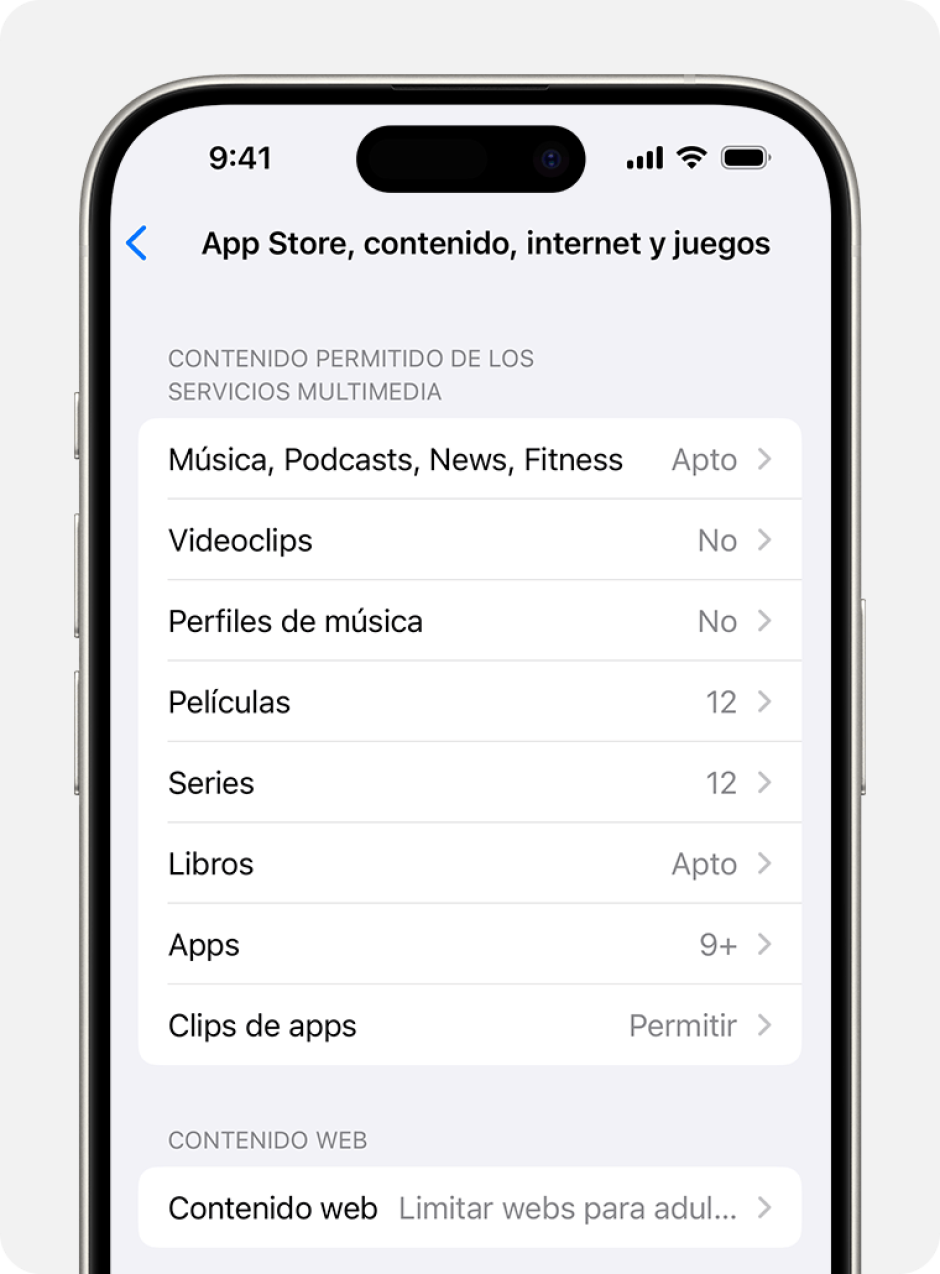 Las apps también tienen calificaciones que pueden configurarse mediante las restricciones de contenido