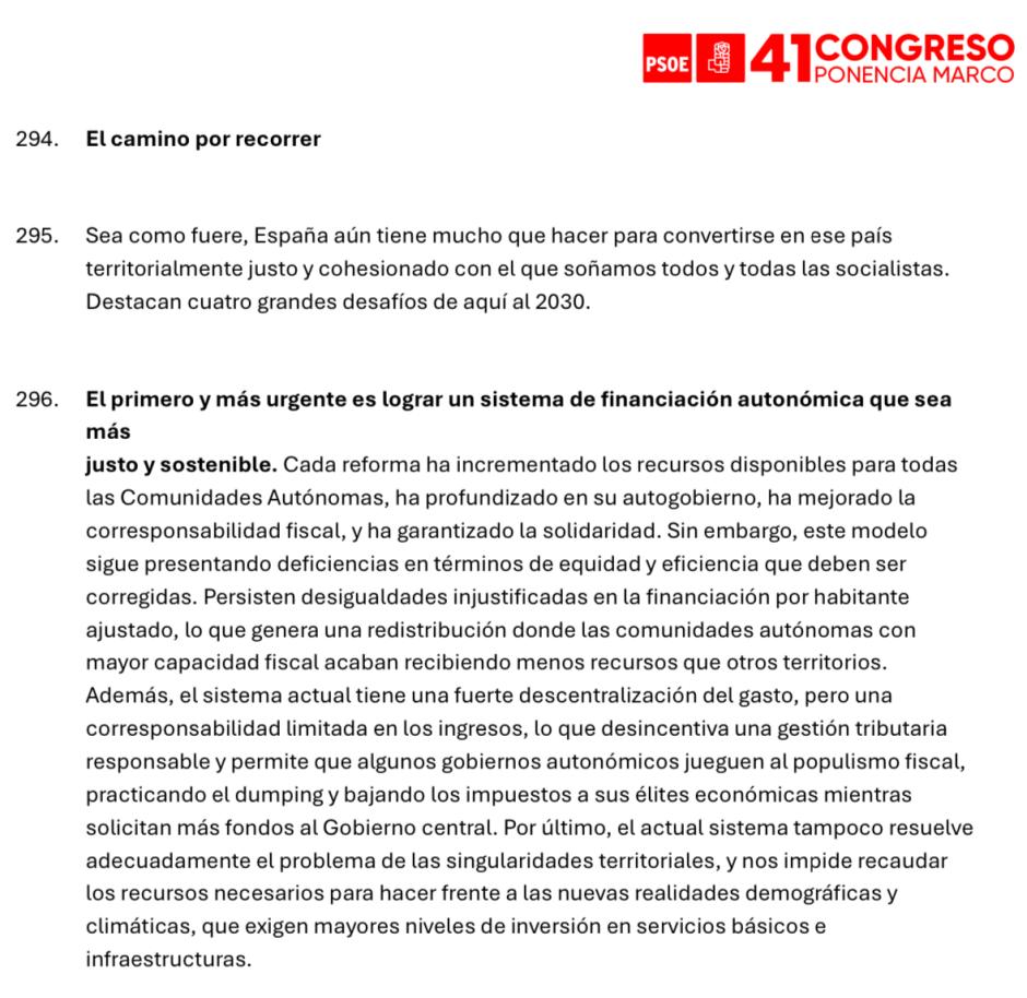 Extracto de la Ponencia Marco del PSOE para el Congreso de Sevilla en el que se habla de financiación autonómica