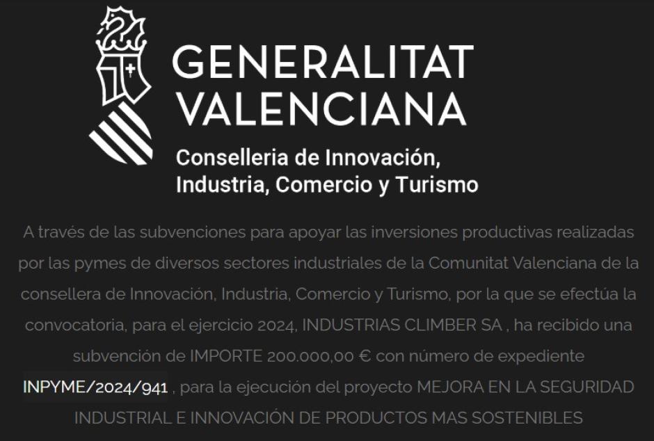 Subvención concedida por la Generalitat Valenciana y publicada en la web de la empresa