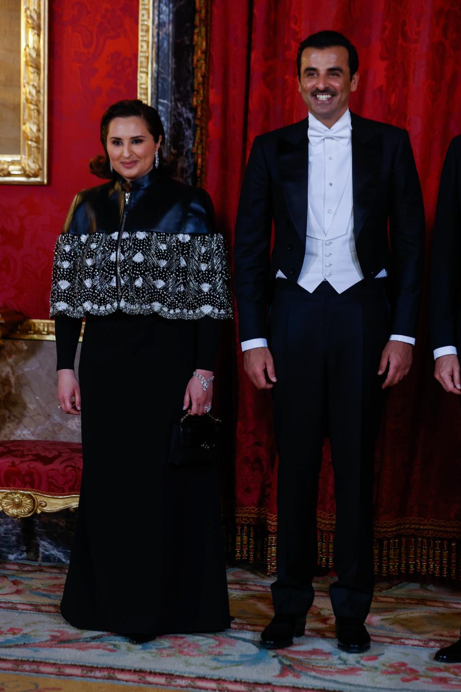 Sheikh Tamim Bin Hamad Al Thani, Emir of the State of Qatar, and Sheikha Jawaher Bint Hamad Bin Suhaim Al Thani during a gala dinner at the RoyalPalace, in Madrid, due to the official trip of QatarEmir to Spain, in Madrid on Tuesday 17 May 2022.