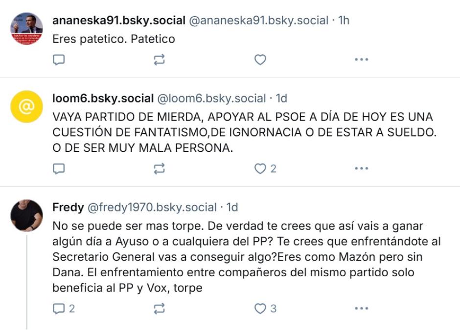 Algunas de las respuestas que recibió Lobato en Bluesky a su carta de dimisión