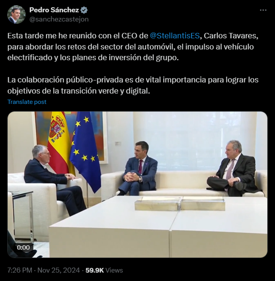 La publicación de Sánchez sobre su reunión con Tavares