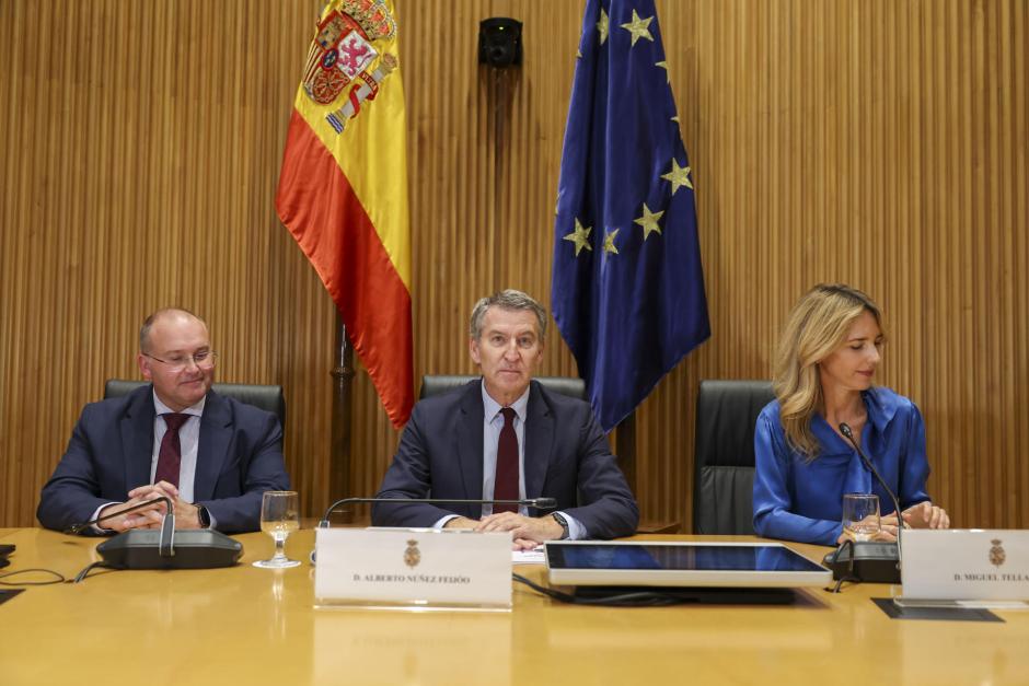 El presidente del PP, Alberto Núñez Feijóo (c), junto al portavoz parlamentario popular, Miguel Tellado (i), y la diputada del PP Cayetana Álvarez de Toledo