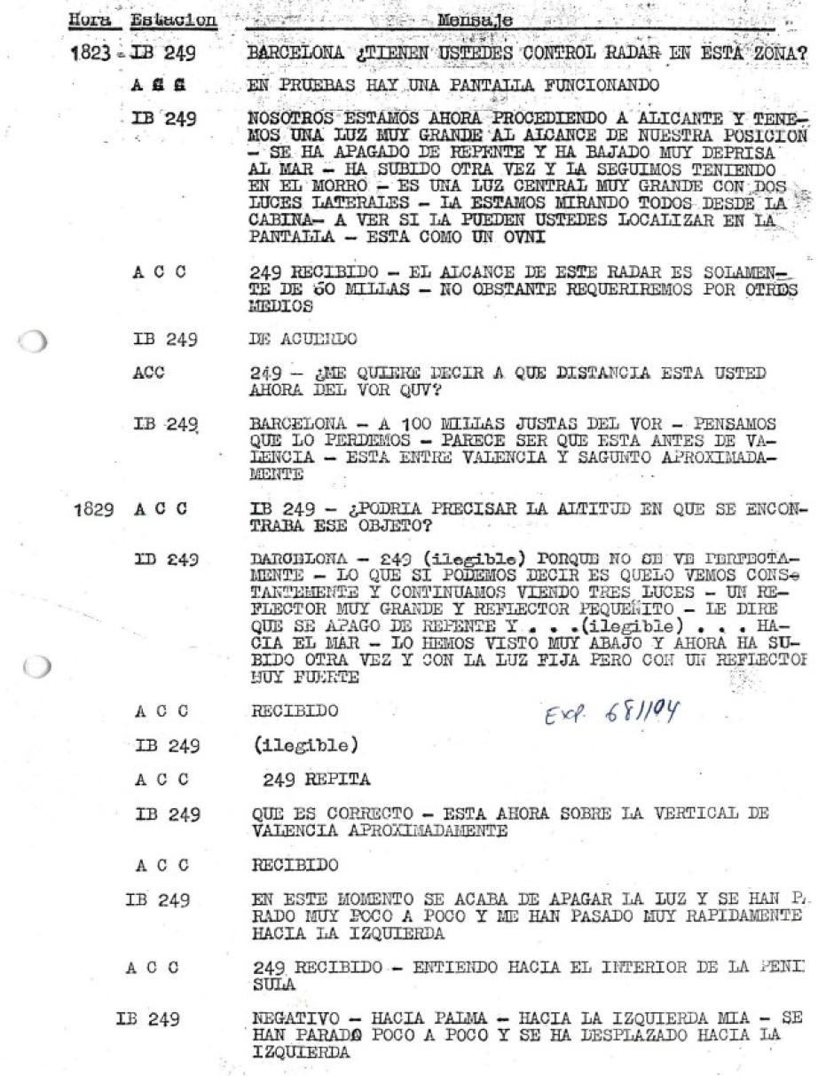 Transcripción del piloto de Iberia que avistó un posible OVNI entre Sagunto y Valencia en 1968