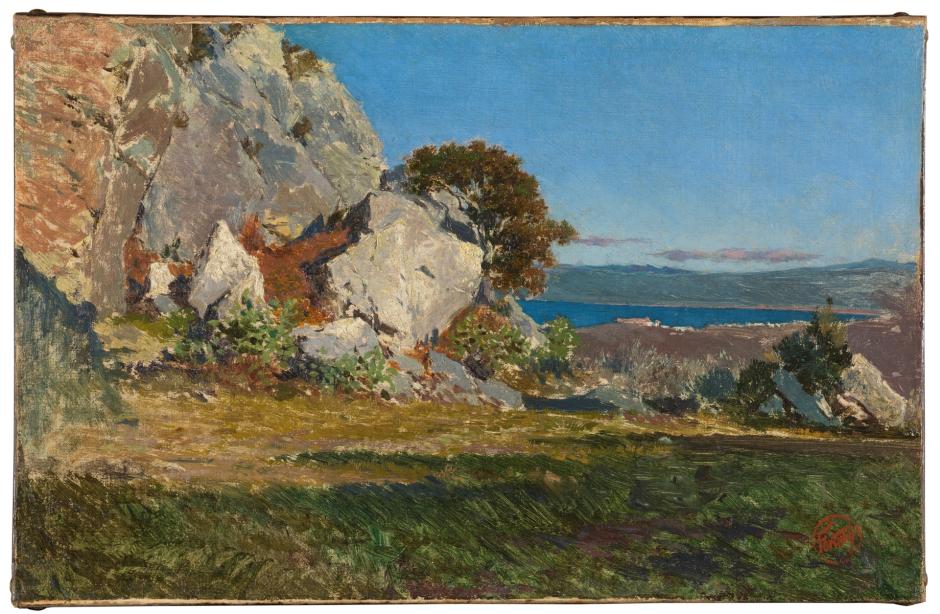 Mariano Fortuny fue un excelente paisajista. Este, de 1874, pertenece a una serie de paisajes elaborados en 1874 durante su estancia en Portici, sur de Nápoles. En este paisaje destacan los elementos montañosos, al fondo el Mediterráneo junto con la Reggia di Portici, palacio de descanso de Carlos III, y todo envuelto en una luz Mediterránea que nos recuerda inevitablemente a Sorolla.