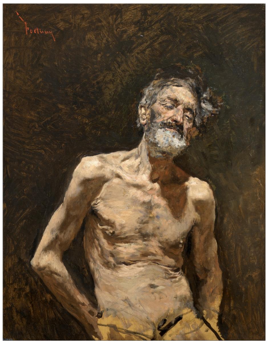 La pintura Viejo desnudo al sol es uno de sus cuadros más conocidos. Fortuny mostró un interés particular en el retrato de la ancianidad, a los que supo retratar tanto físicamente como psicológicamente. En este retrato resulta más que evidente la influencia que la pintura de José de Ribera ejerció en Fortuny.