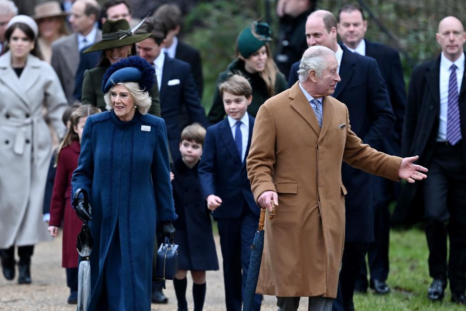 Camilla Queen Consort and King Charles III , Prince Louis, Prince George and Prince William attending the Christmas day in Sandringham in Norfolk, England, Sunday, Dec. 25, 2022.