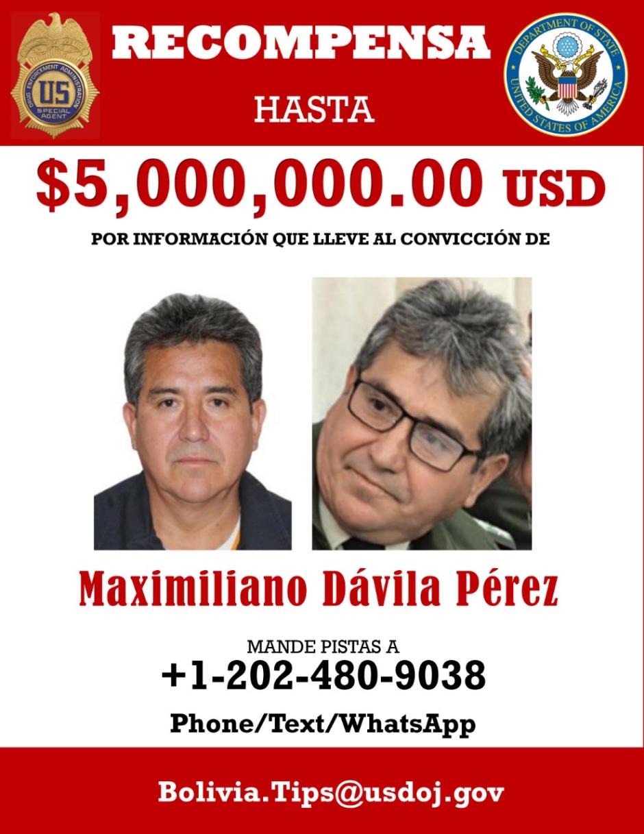 Anuncio de la DEA ofreciendo recompensa por la captura del boliviano Maximiliano Dávila Pérez