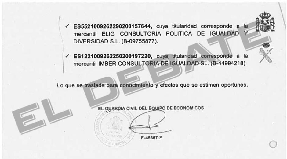 Oficio de la Guardia Civil pidiendo la intervención de las cuentas de las consultoras de Isabel García