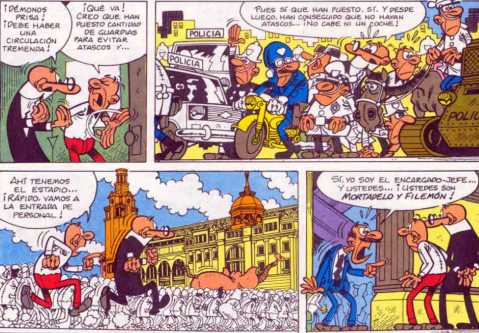 Así como en otros álbumes dedicados a las distintas Olimpiadas, Mortadelo y Filemón viajan hasta la ciudad en cuestión, en 'Barcelona 92' se limitan a ir caminando hasta el Estadio Olímpico, visible en la tercera viñeta.