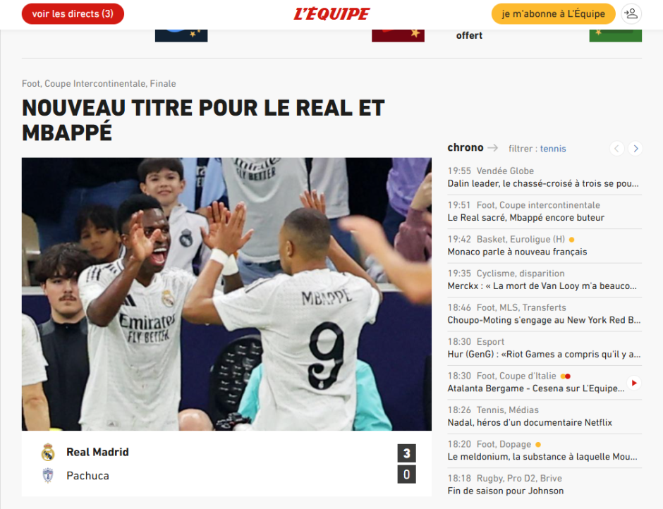 L'Equipe se sorprende de que el Real Madrid siga ganando títulos y destaca: "Nuevo título para el Madrid y Mbappé"