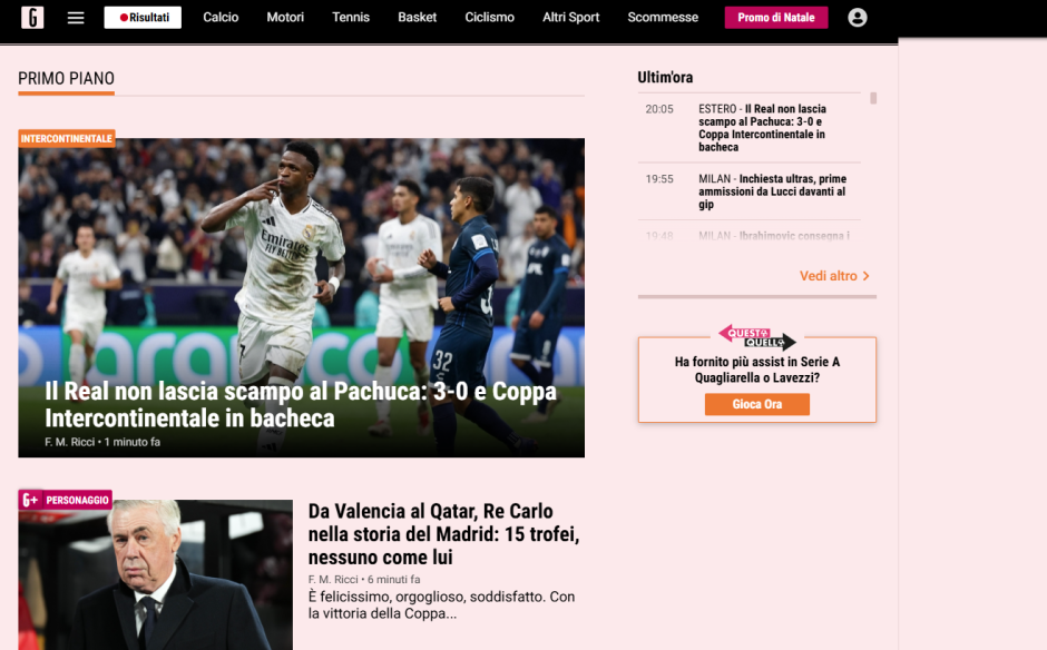 La Gazzeta dello Sport destaca la contundente victoria del Real Madrid sobre el Pachuca y además habla del récord de Ancelotti con el club blanco al convertirse en el entrenador más laureado