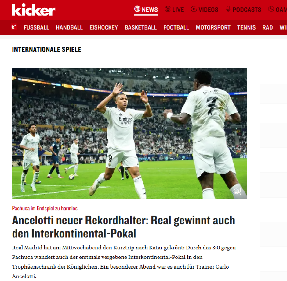 Kicker habla del nuevo récord de Carlo Ancelotti, que es el hombre que más títulos ha ganado con el conjunto blanco