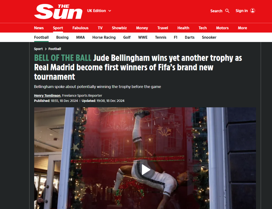 The Sun habla del nuevo título que ha ganado Bellingham con el Real Madrid y califica la Intercontinental como "nuevo torneo" de la FIFA