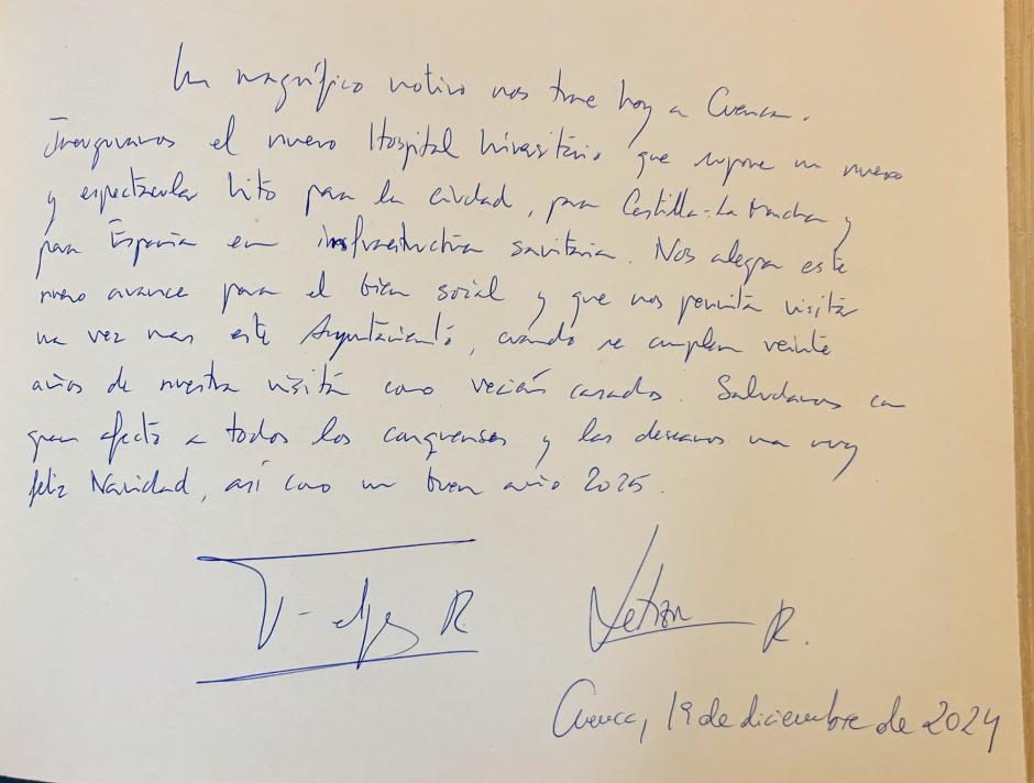 Texto escrito por el Rey en el Libro de Honor del Ayuntamiento de Cuenca