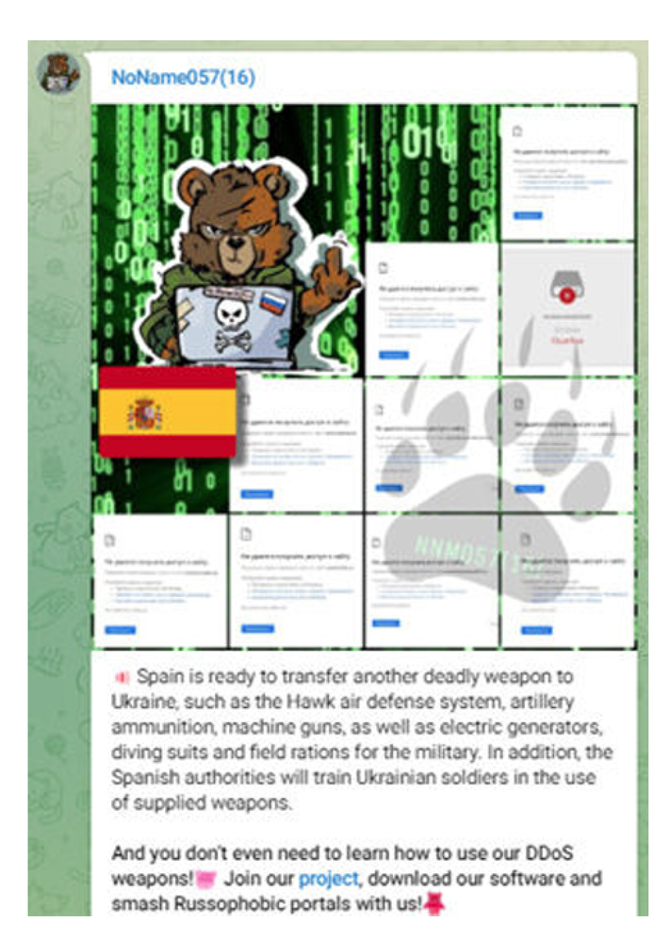 Publicación de ciberataques contra objetivos españoles en el canal de Telegram de NoName057(16)