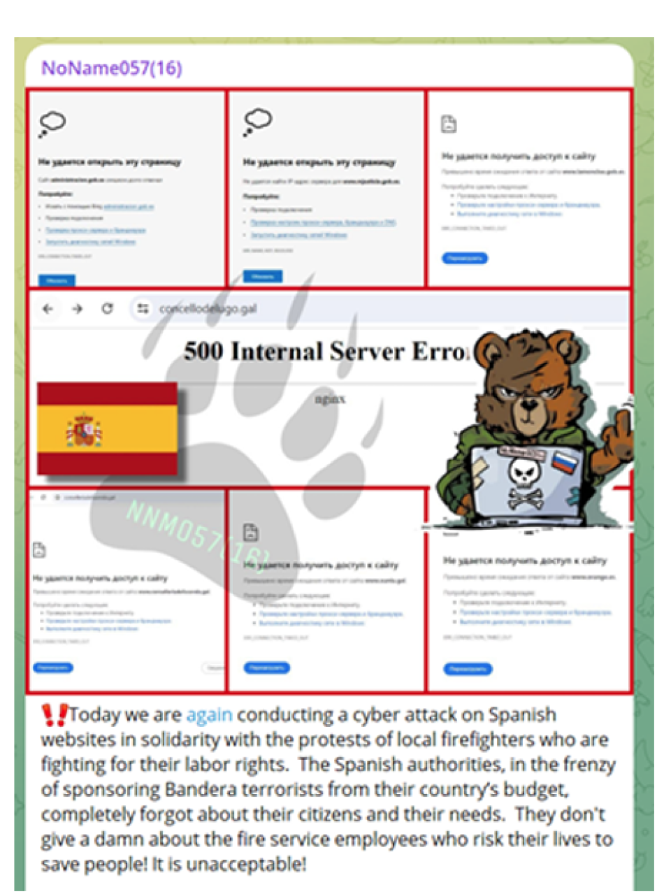 Publicación de ciberataques contra objetivos españoles en el canal de Telegram de NoName057(16).