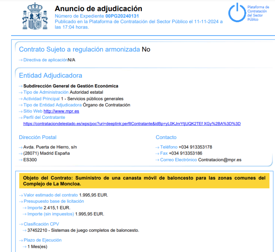 Documento de adjudicación de una canasta móvil de baloncesto para La Moncloa