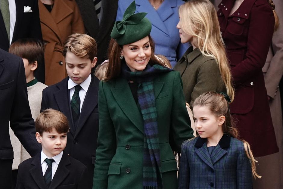 Prince Louis, Prince George, the Princess of Wales and Princess Charlotte following the Christmas Day morning church service at St Mary Magdalene Church in Sandringham, Norfolk. Picture date: Wednesday December 25, 2024. *** Local Caption *** .