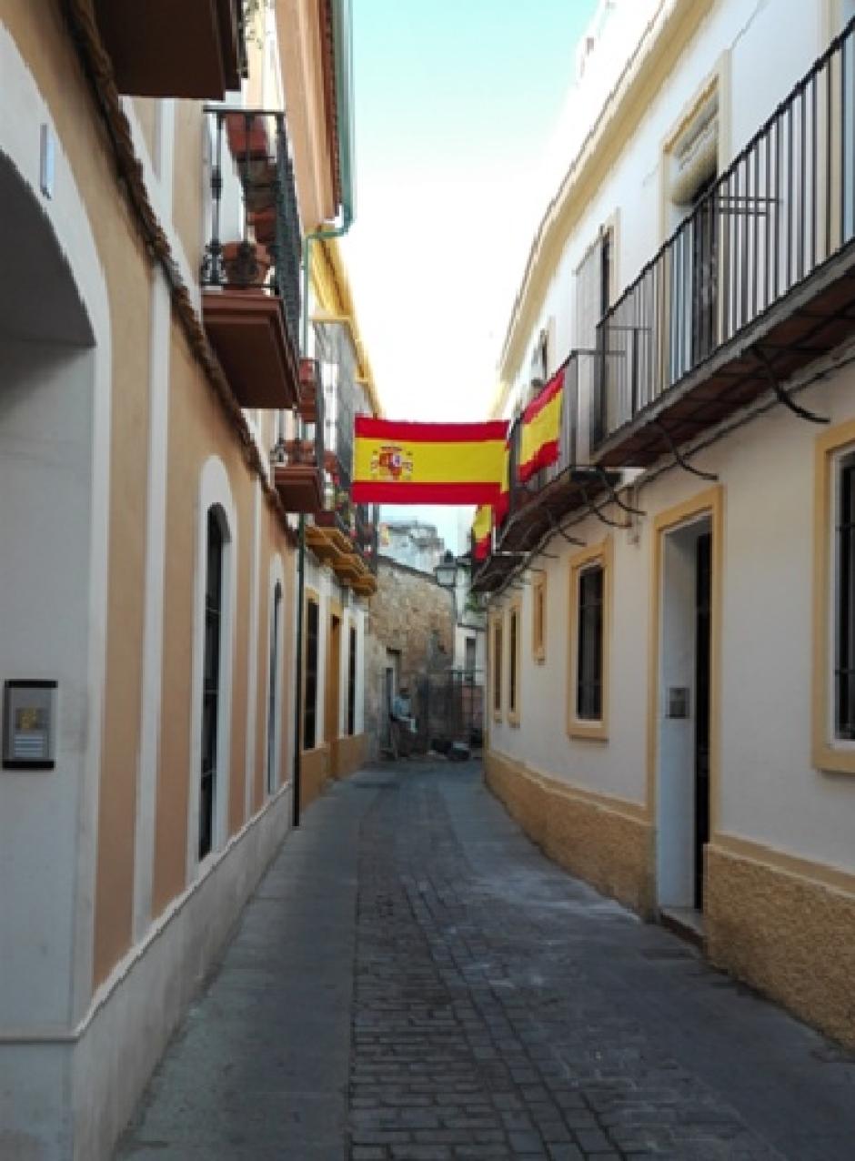 La calle Pedro Fernández con sus banderas