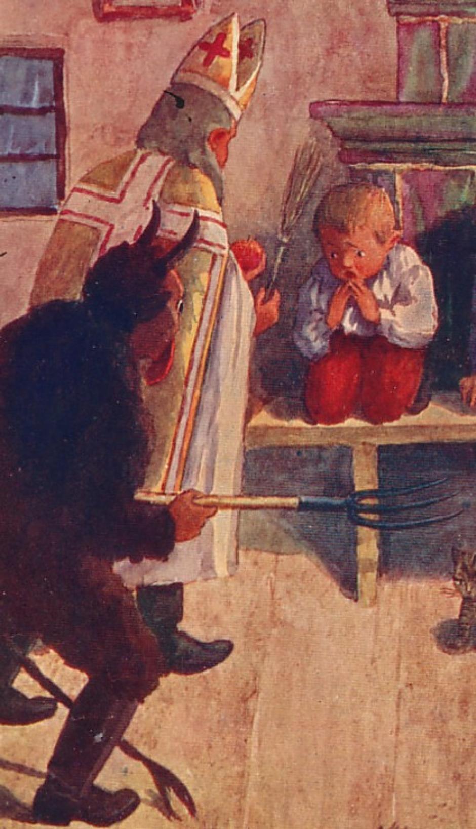 Ilustración de 1900 de san Nicolás y Krampus visitando a un niño