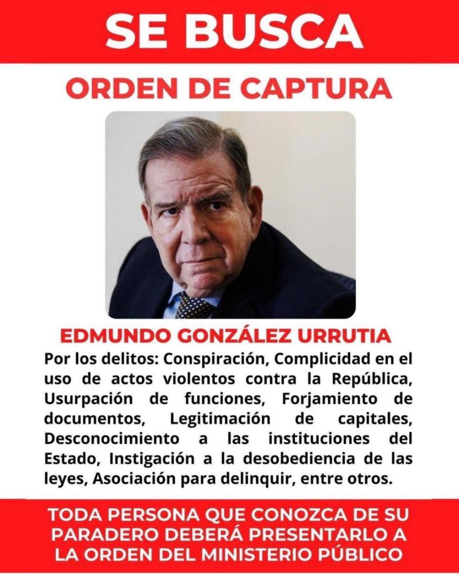 Cartel publicado por la dictadura chavista en la que ofrece una recompensa por la captura del presidente electo Edmundo González Urrutia