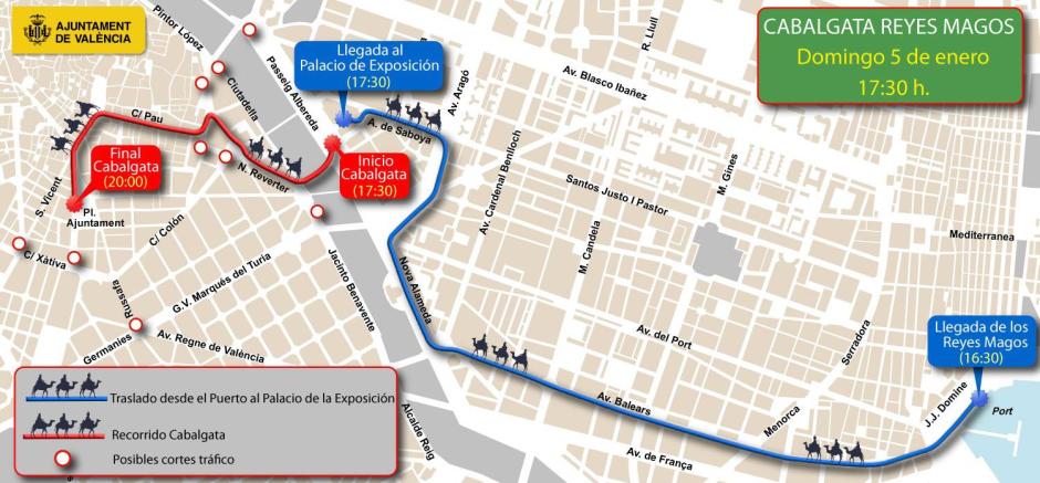 Recorrido de la Cabalgata de los Reyes Magos de 2025 en la ciudad de Valencia