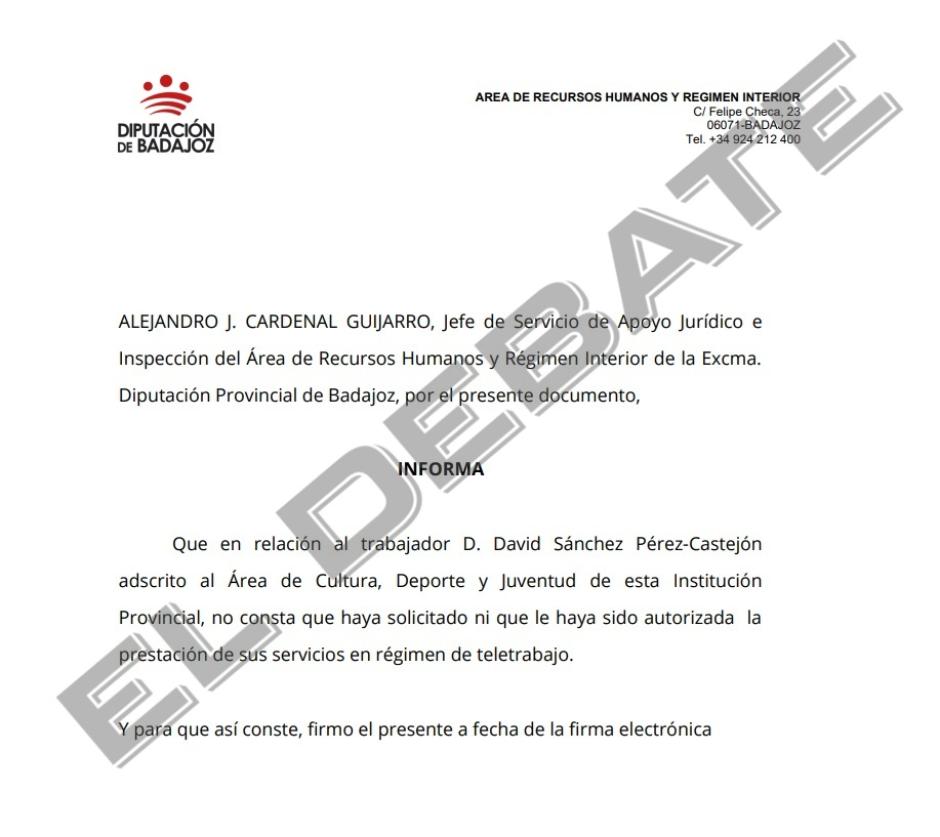 El documento que la Diputación de Badajoz entregó a la juez Beatriz Biedma