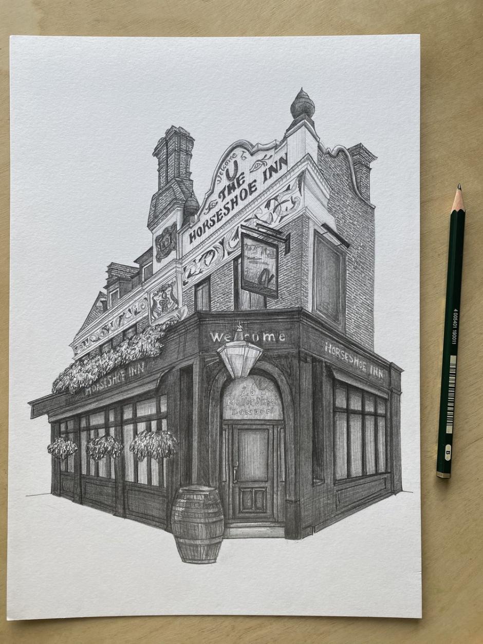 Uno de los pubs dibujados por Lydia Wood