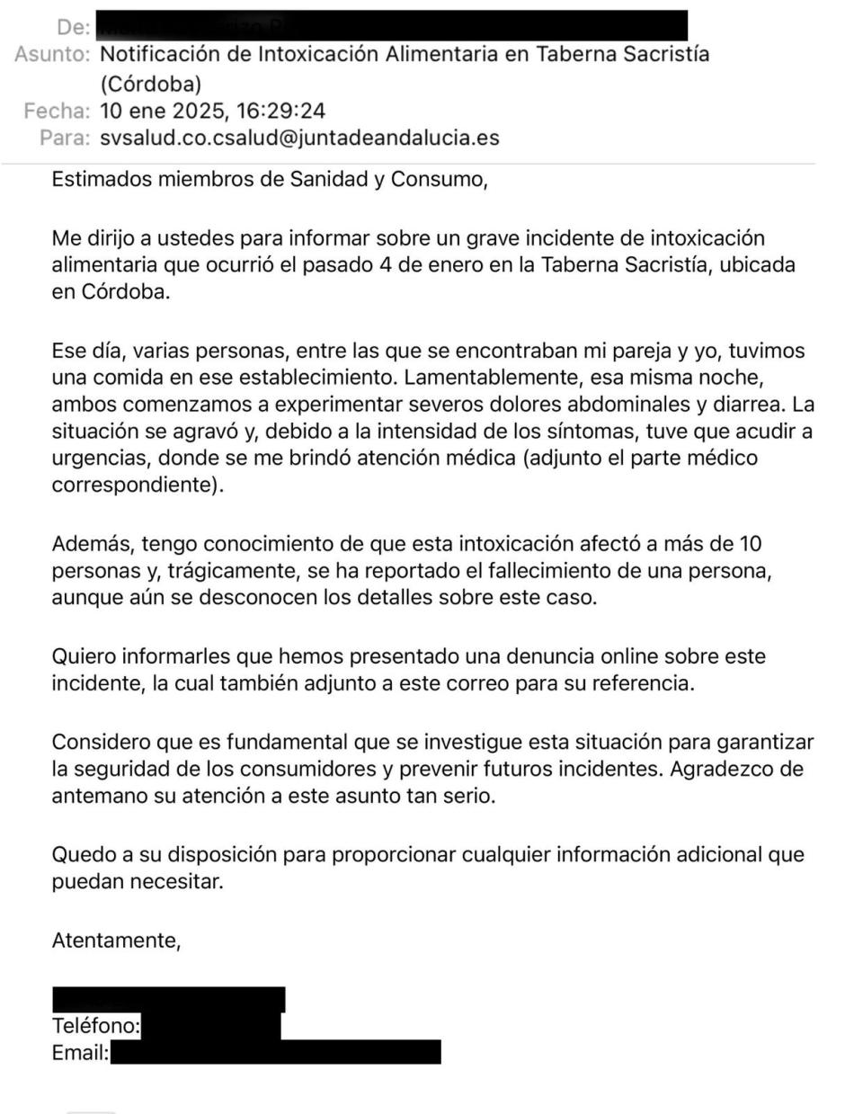 Correo electrónico en el que Facua informa a la Junta de las intoxicaciones