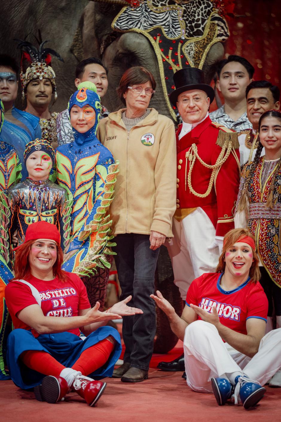 Princess Stephanie of Monaco (C) poses with artists during a photocall for the opening of the 47th Monte-Carlo International Circus Festival in Monaco on January 15, 2025. (Photo by Frederic DIDES / AFP)