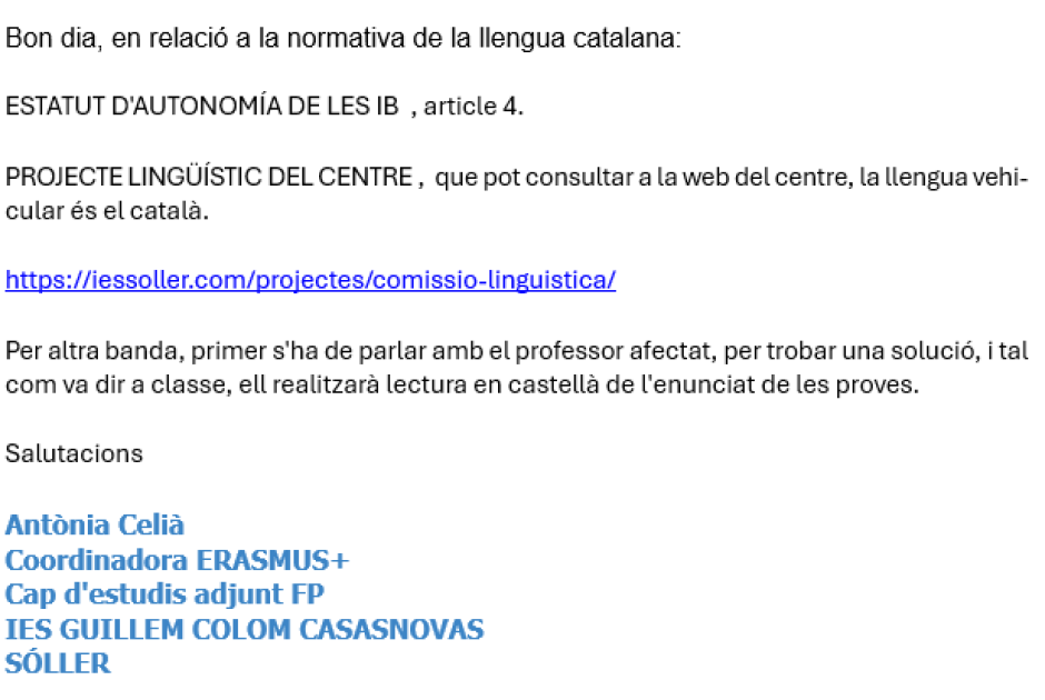 Email de la Jefa de Estudios del centro al alumno implicado