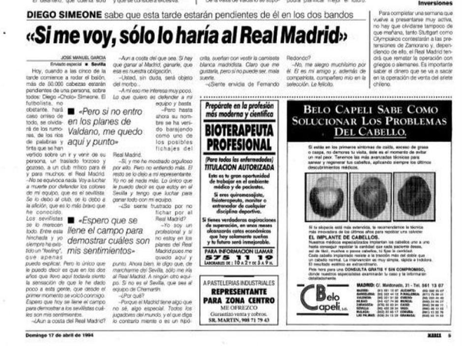 Extracto periódico Marca donde Simeone se deja querer por el Madrid