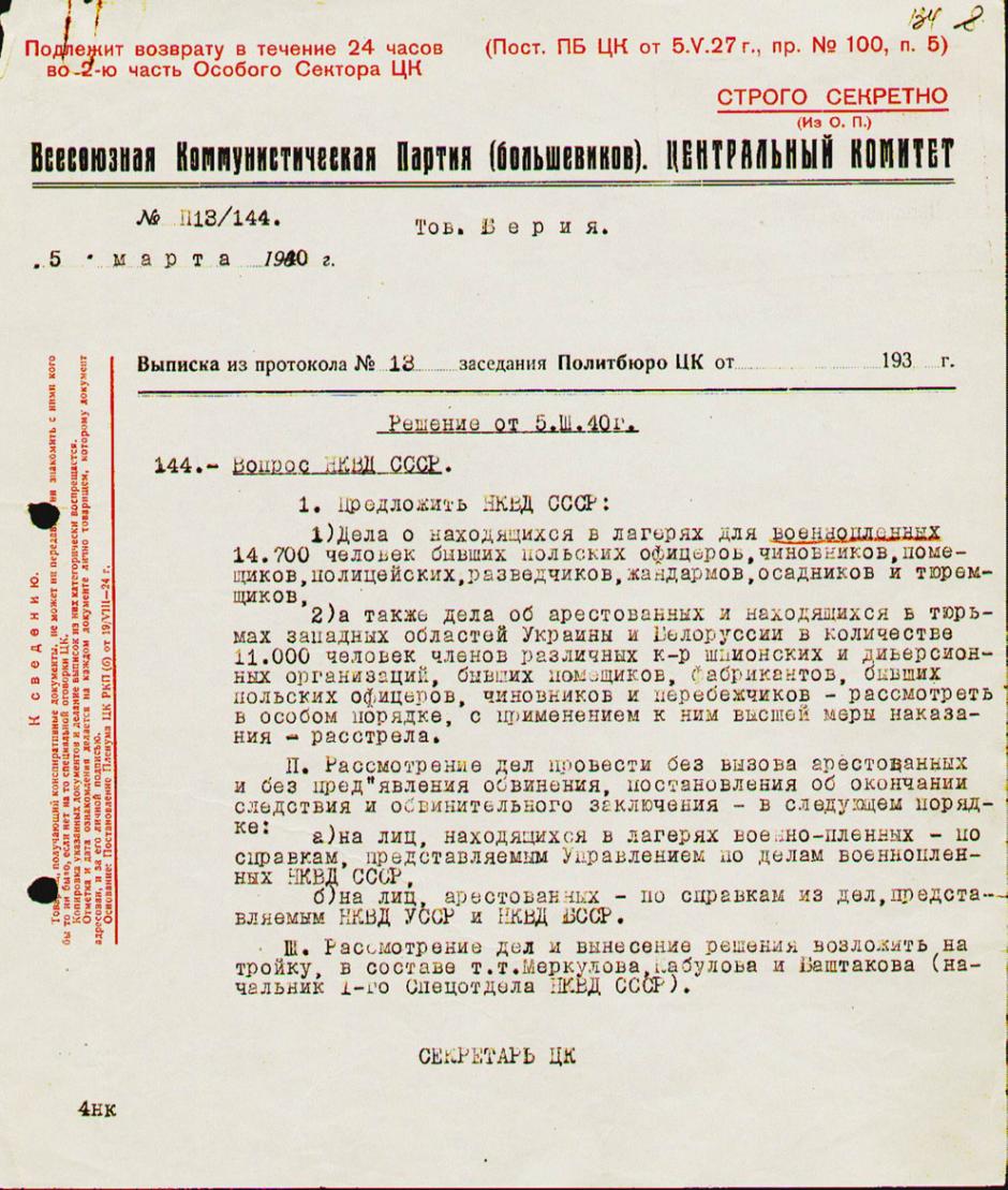 Decisión del Politburó del PCUS de ejecutar a 14.700 prisioneros de guerra y 11 000 'nacionalistas y contrarrevolucionarios'