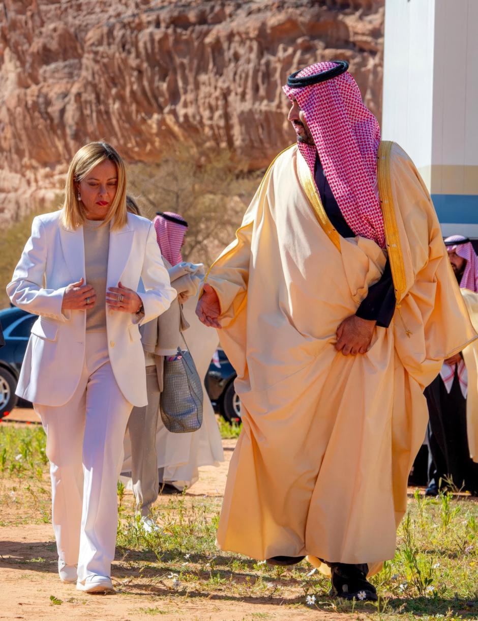 Saudi Crown Prince Mohammed bin Salman Al Saud (also known as MBS) receives Italian Prime Minister Georgia Meloni .