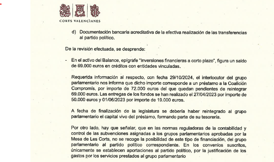 Extracto del informe de las Cortes Valencianas sobre Compromís