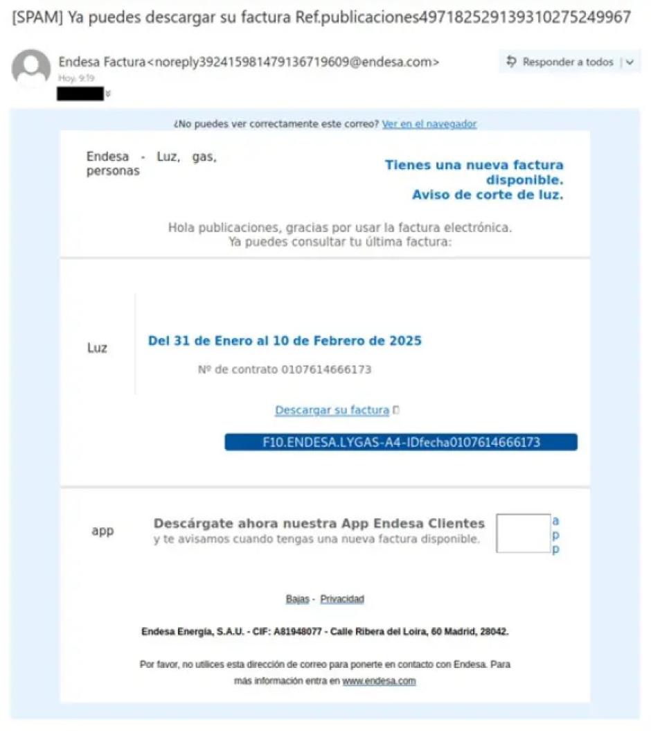 El correo fraudulento que suplanta a Endesa