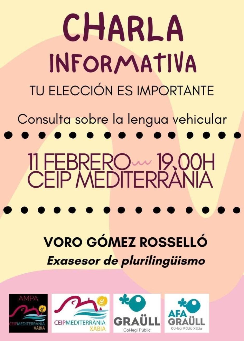 Cartel de la charla sobre elección de lengua en un centro de Jávea